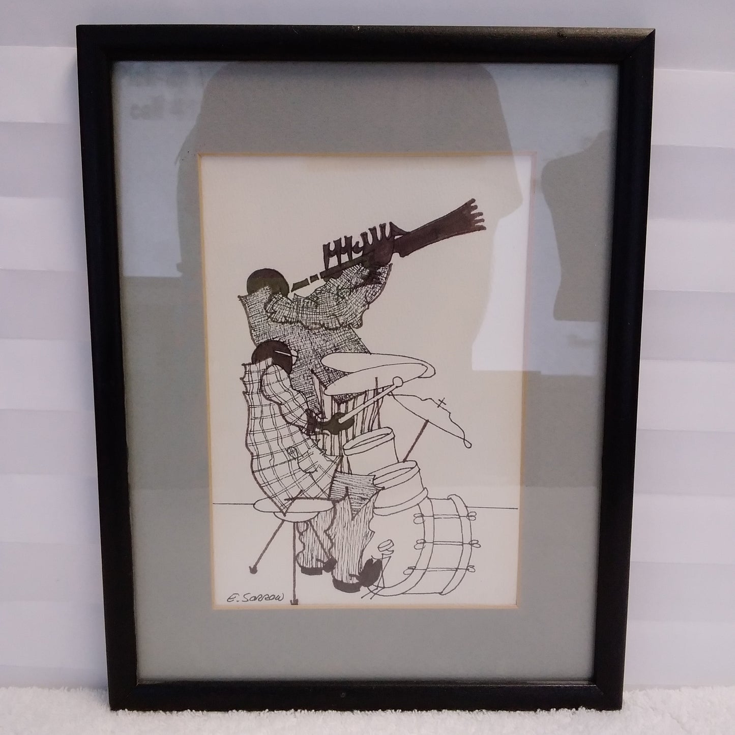 Vintage - E. Sorrow New Orleans Jazz 5.5" x 8" Drawing - Framed