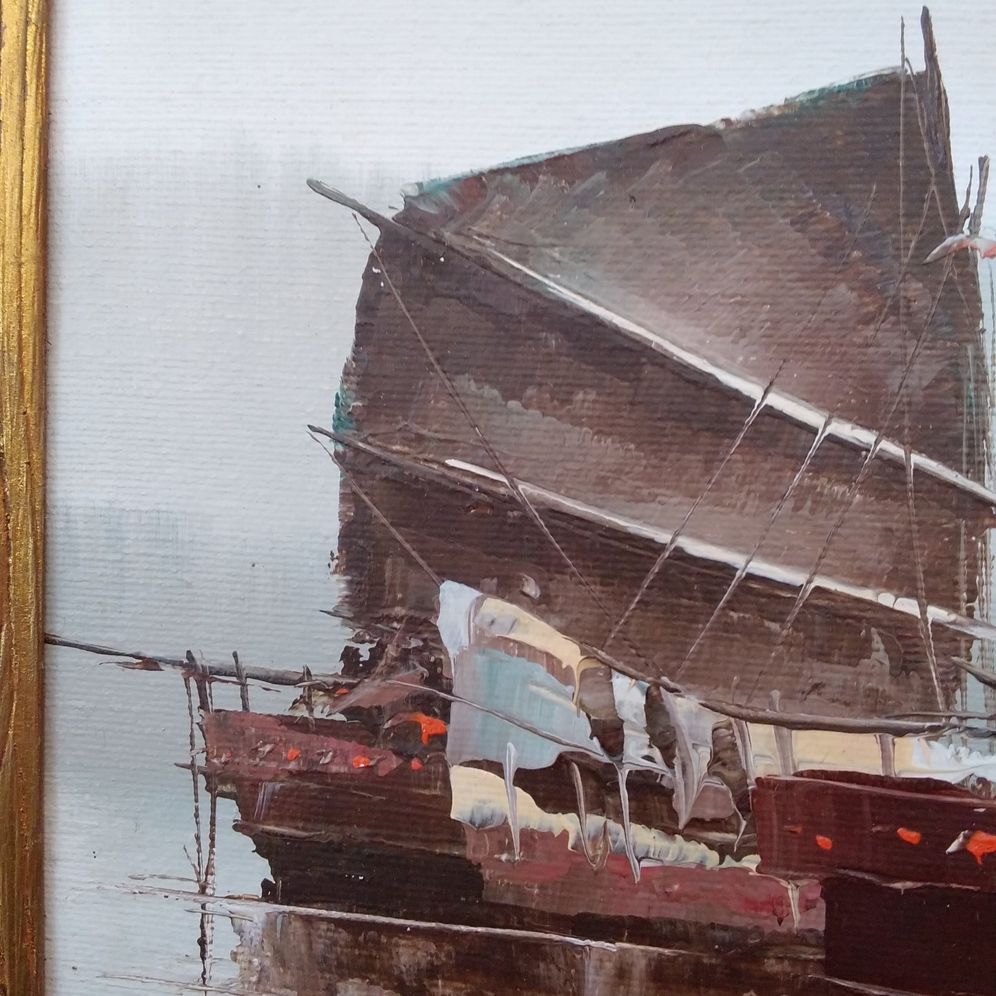 P. Wong - Certified Original Framed 12x16" Signed Oil Painting "Junk Boats at Sea"