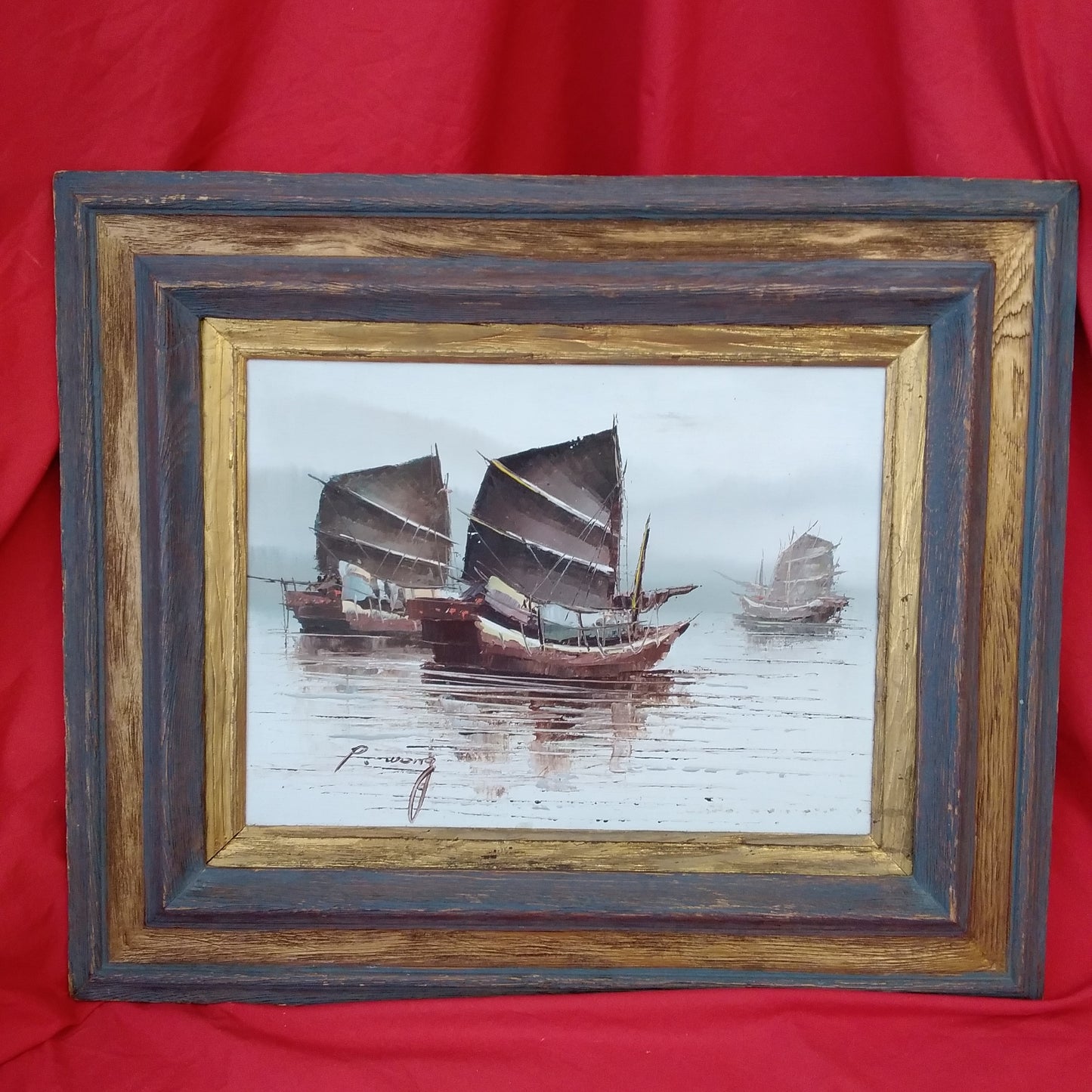 P. Wong - Certified Original Framed 12x16" Signed Oil Painting "Junk Boats at Sea"