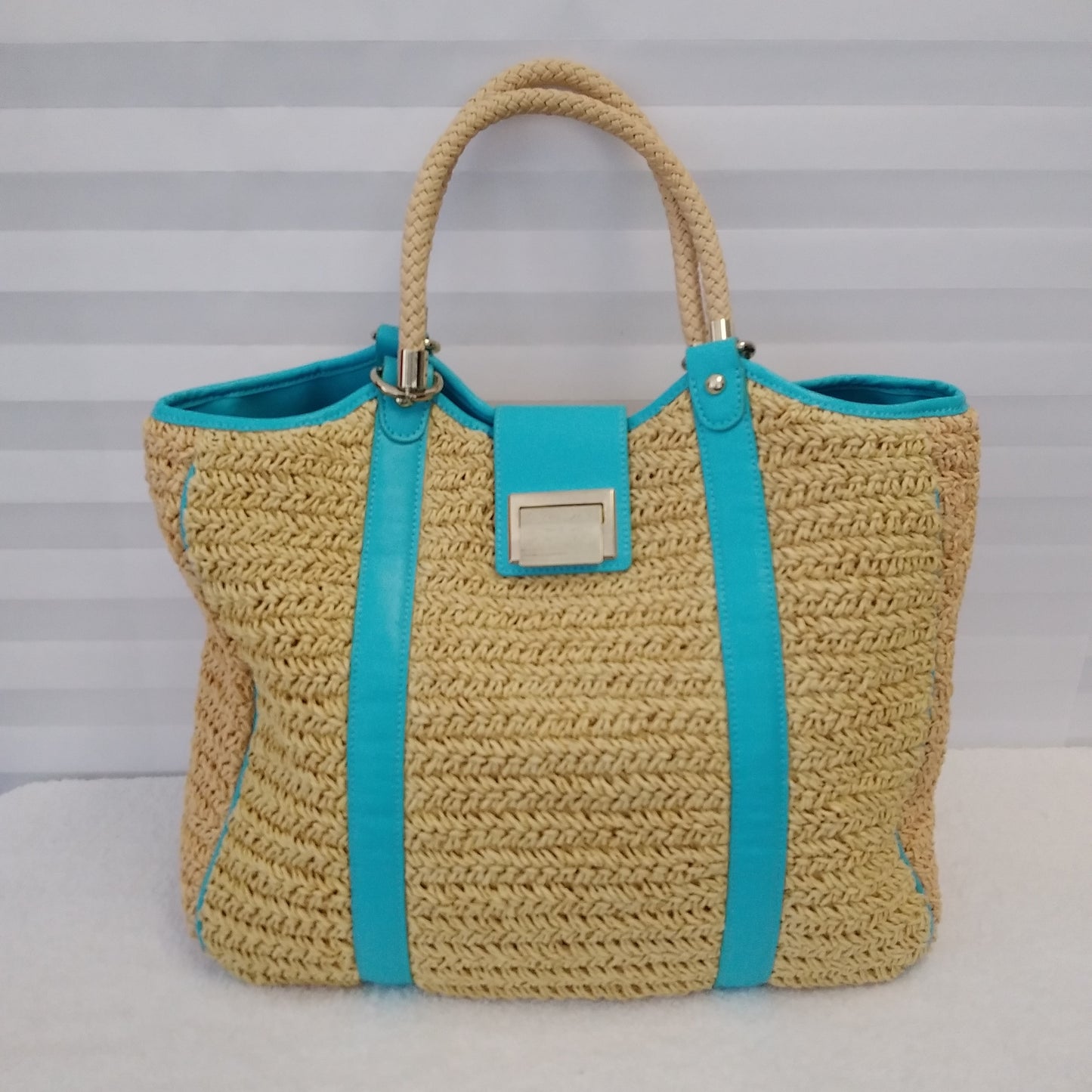 Talbots Large Woven Straw Tote Bag With Teal Leather Trim and Gold Accents