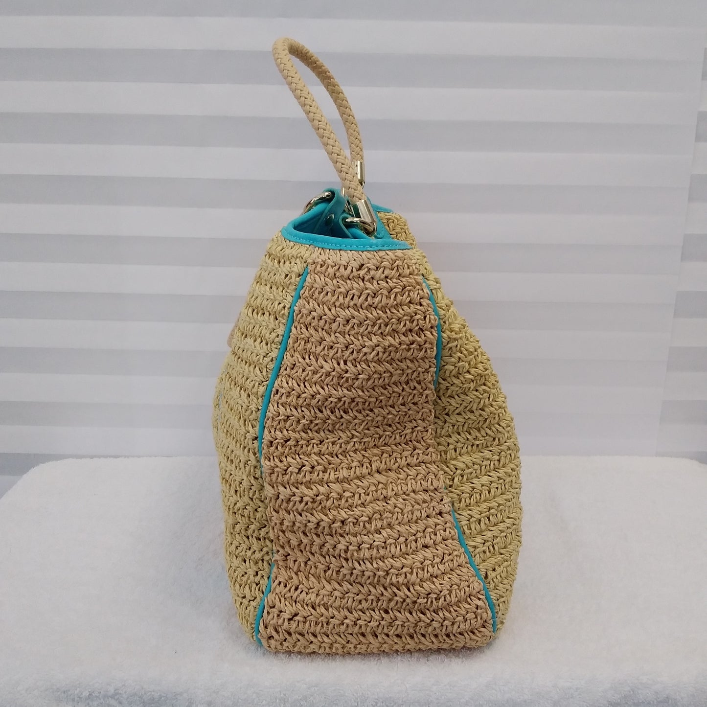 Talbots Large Woven Straw Tote Bag With Teal Leather Trim and Gold Accents