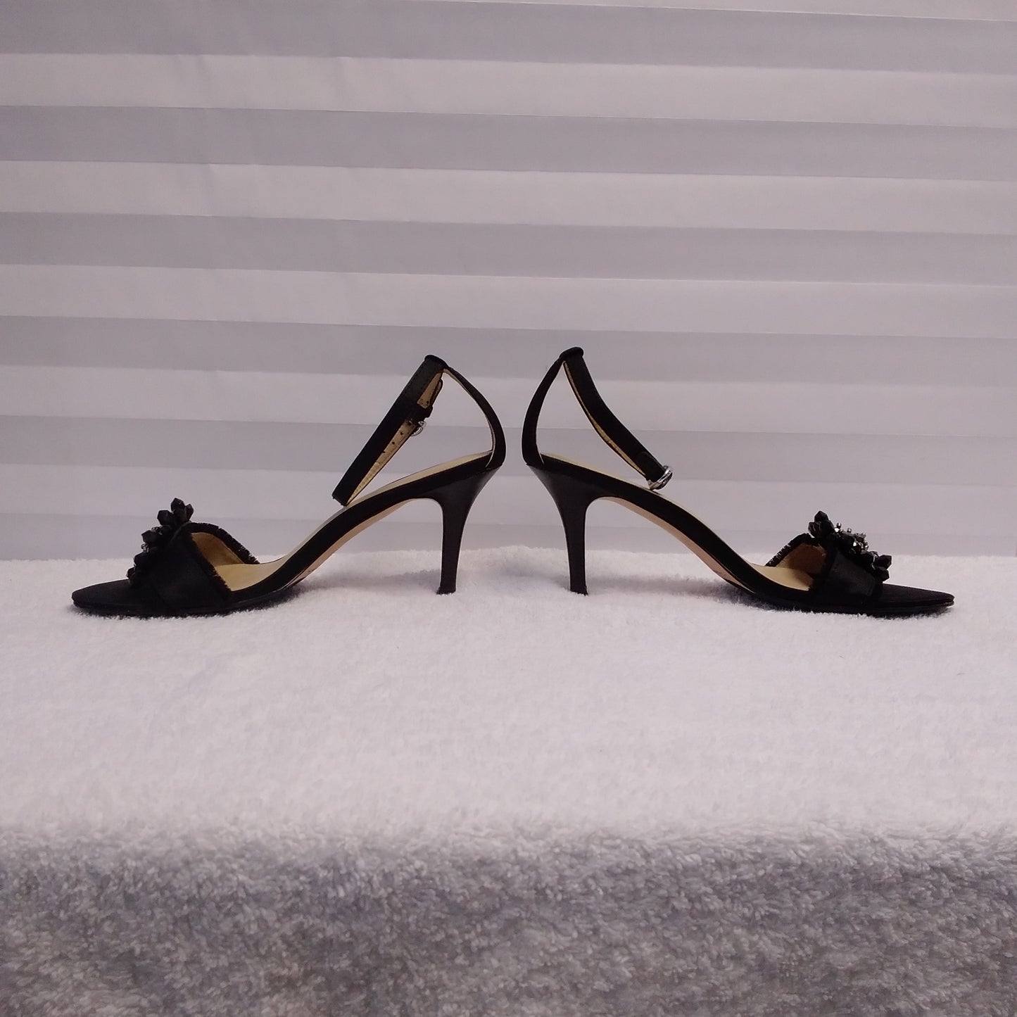 Coach Women's Rosa Black Satin Ankle Strap Rhinestone Flower Vamp Stilettos - Size: 7