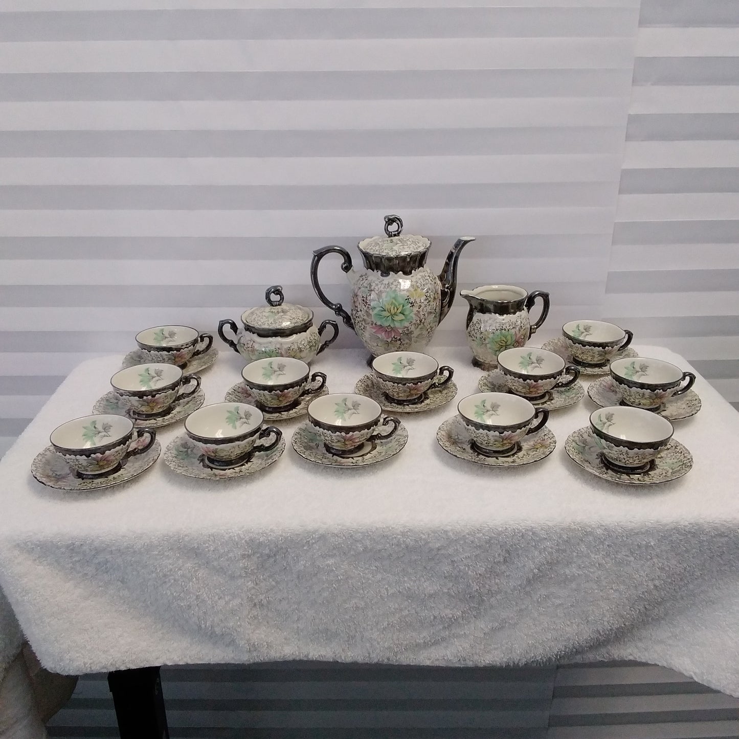 Rare Vintage - 29 Piece Scalloped Pastelfloral Platinum Chintz Tea Set MIT56 by Mitterteich