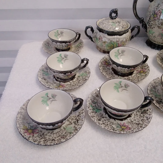 Rare Vintage - 29 Piece Scalloped Pastelfloral Platinum Chintz Tea Set MIT56 by Mitterteich