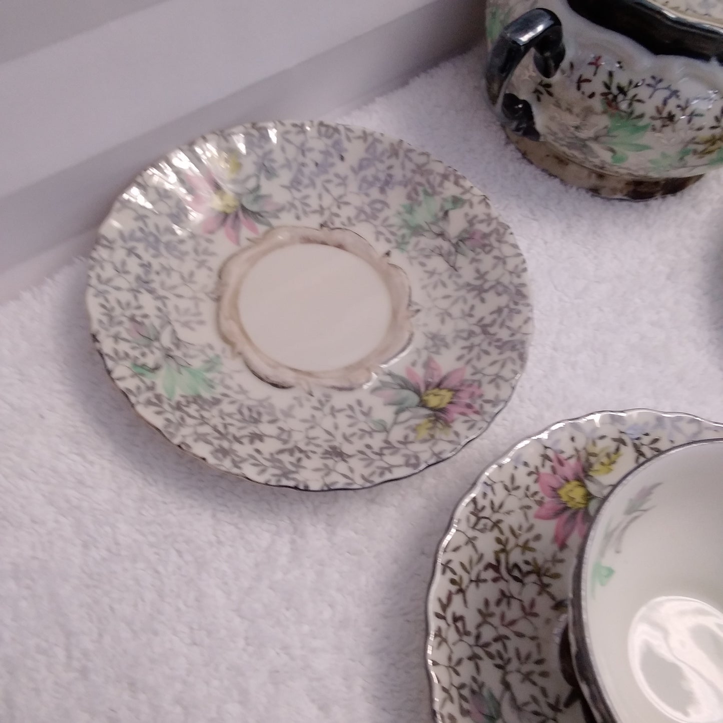 Rare Vintage - 29 Piece Scalloped Pastelfloral Platinum Chintz Tea Set MIT56 by Mitterteich