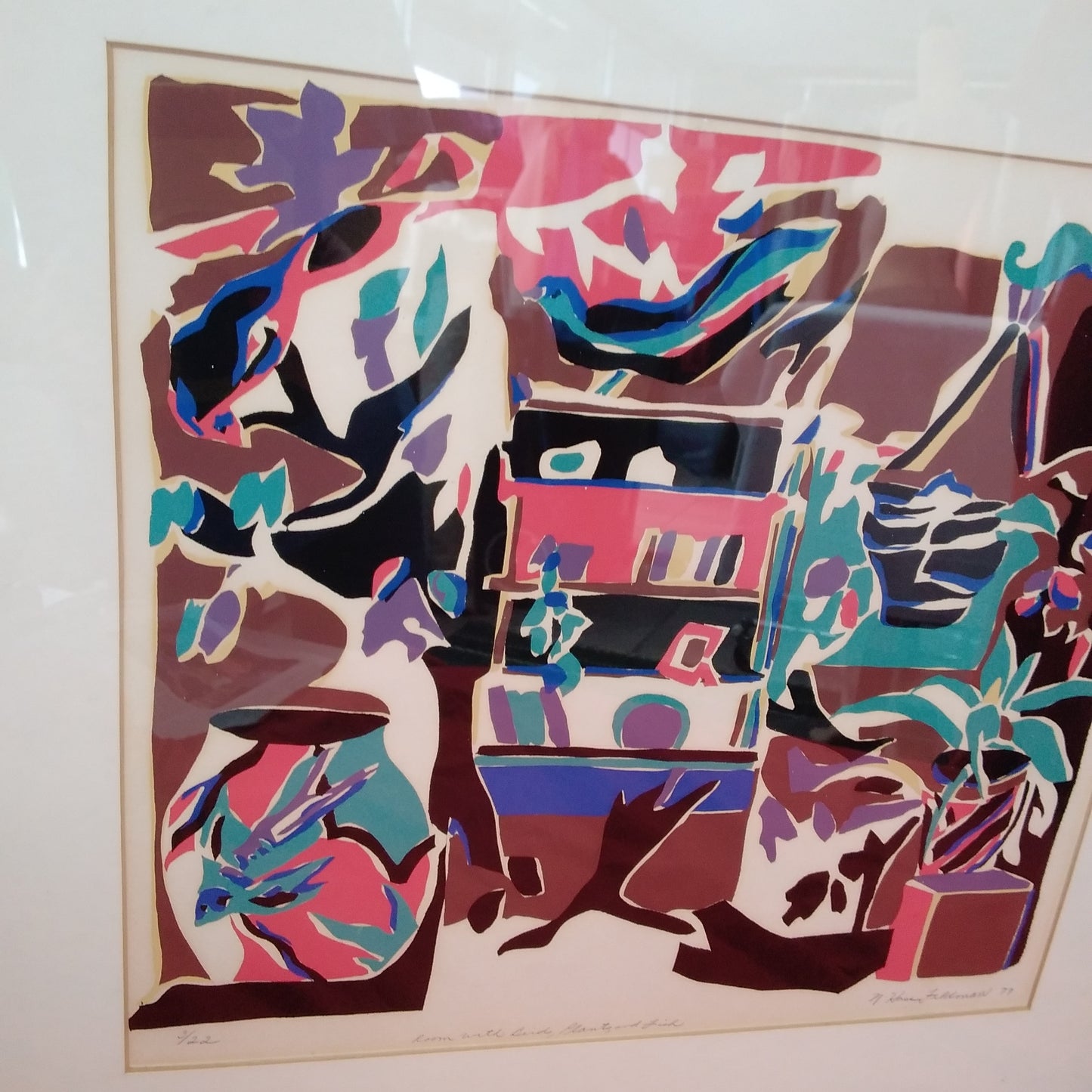 1979 Nan Hass Feldman "Room with Birds, Plants, and fish" Signed Serigraph #3/22