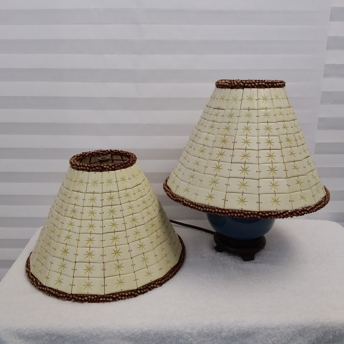 Set of 2 Unique Hand Made Lamp Shades with 136 Carved Tiles and Wood Bead Trim