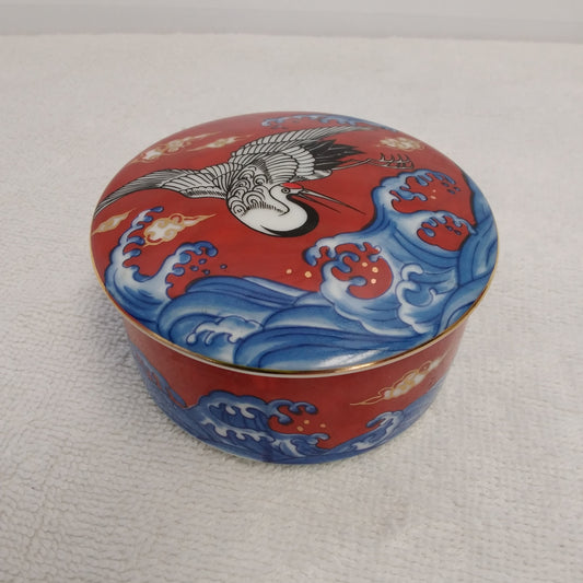 Vintage Takahashi Round "Crane Flying Over Waves" Trinket Box