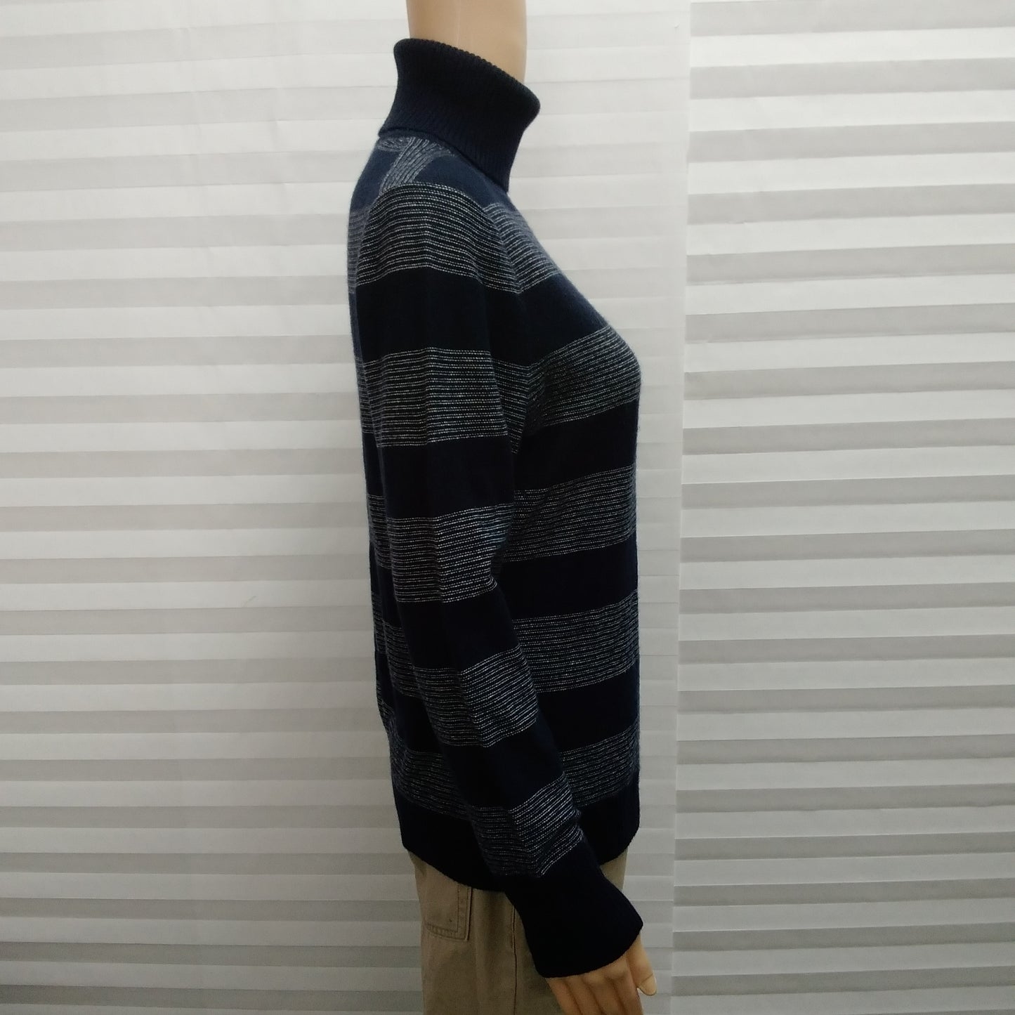 L.L. Bean Navy Blue Stripe Cashmere Turtleneck Sweater - L