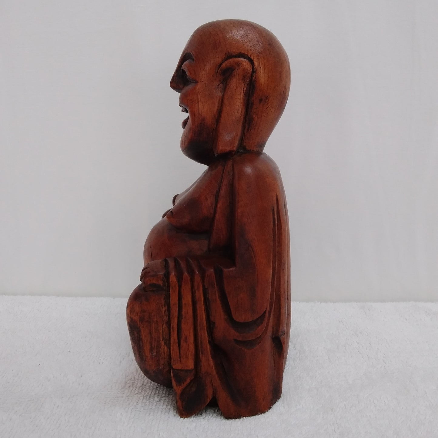 Vintage Hand Carved Wooden Smiling Buddha 8" Figurine