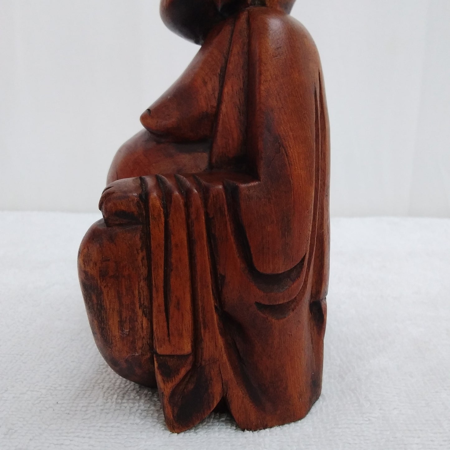 Vintage Hand Carved Wooden Smiling Buddha 8" Figurine (flaw)