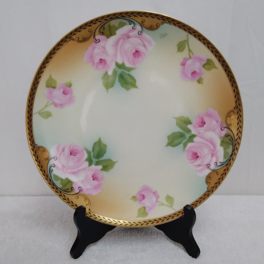 Vintage - Rosenthal 9.75" Plate - Pink Roses with Gold/Black Trim Hand-Painted by Aigle