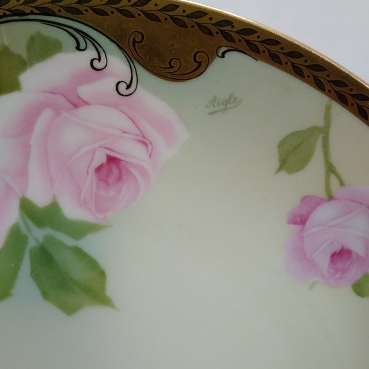 Vintage - Rosenthal 9.75" Plate - Pink Roses with Gold/Black Trim Hand-Painted by Aigle