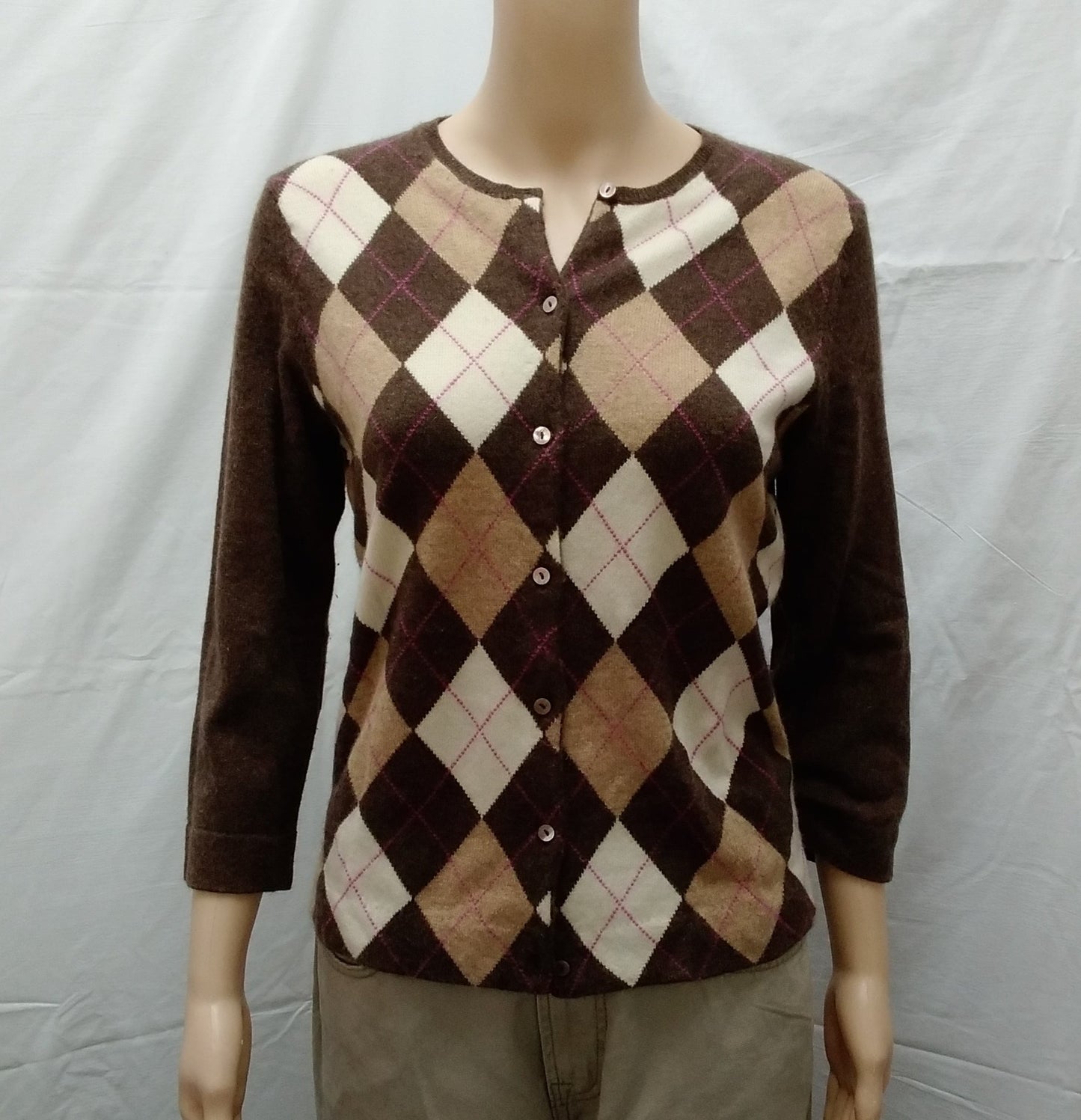 NWOT -- Marina Luna Brown Argyle Cashmere Sweater Cardigan -- M