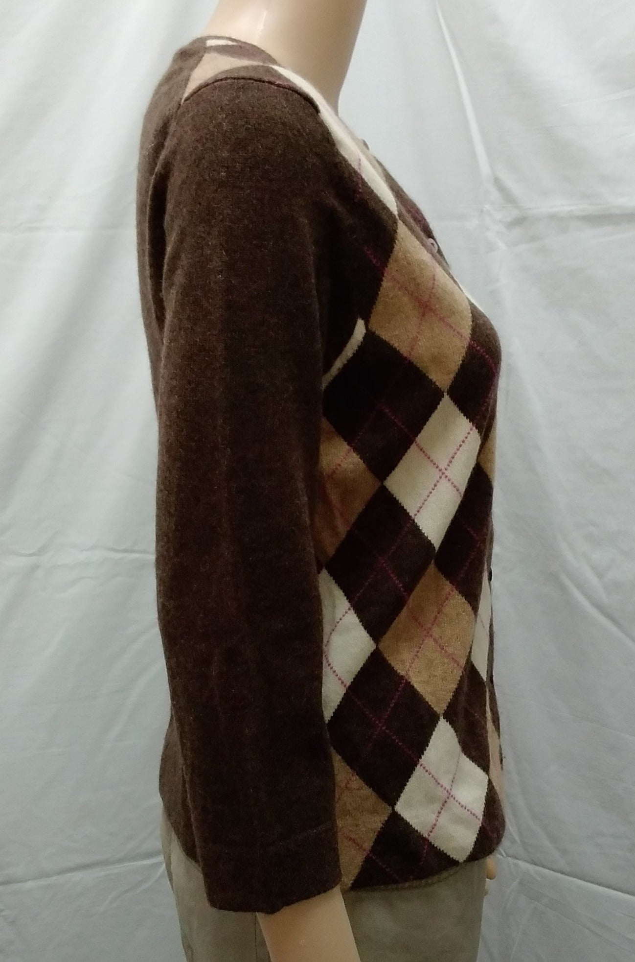 NWOT -- Marina Luna Brown Argyle Cashmere Sweater Cardigan -- M