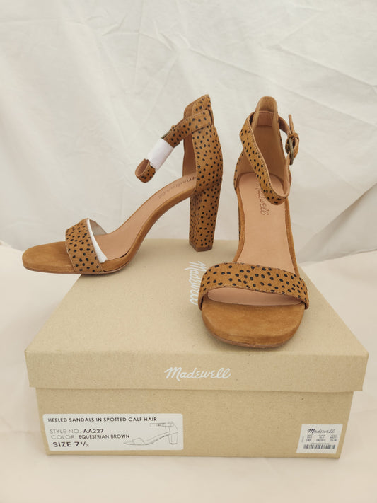 NIB - Madewell Equestrian Brown Heeled Spotted Calf Hair Sandals - Size 7.5