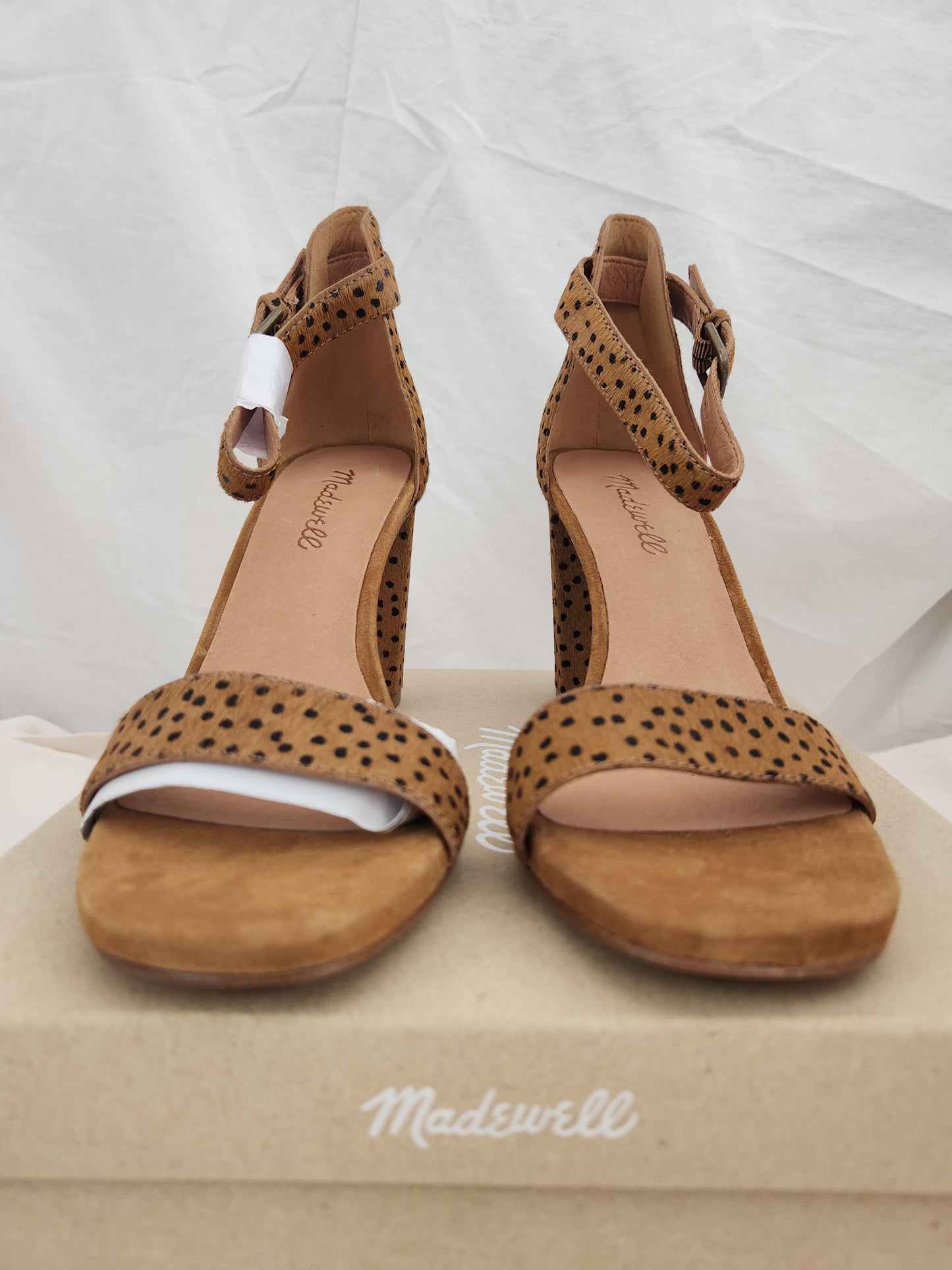 NIB - Madewell Equestrian Brown Heeled Spotted Calf Hair Sandals - Size 7.5