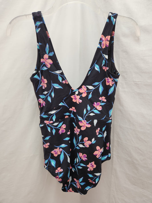NWOT - Lands' End Black Floral V-Neck One Piece Swimsuit - 6L