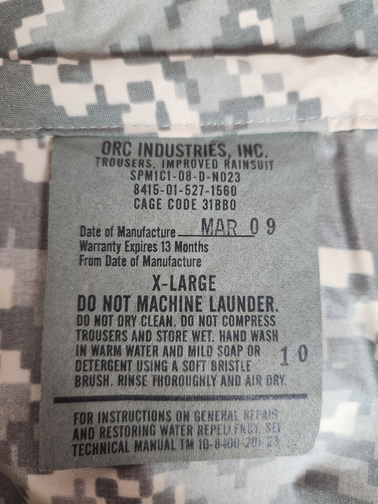 NWT - 2009 Orc Industries Digital Camo Improved Rain Suit Trousers - XL