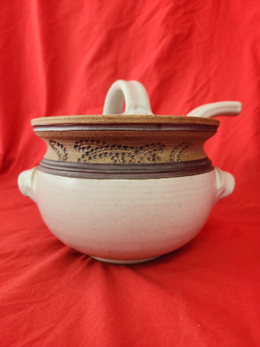 Amazing - Studio Art Pottery White and Brown Stoneware Pot w/Lid & Ladle - signed by Artist