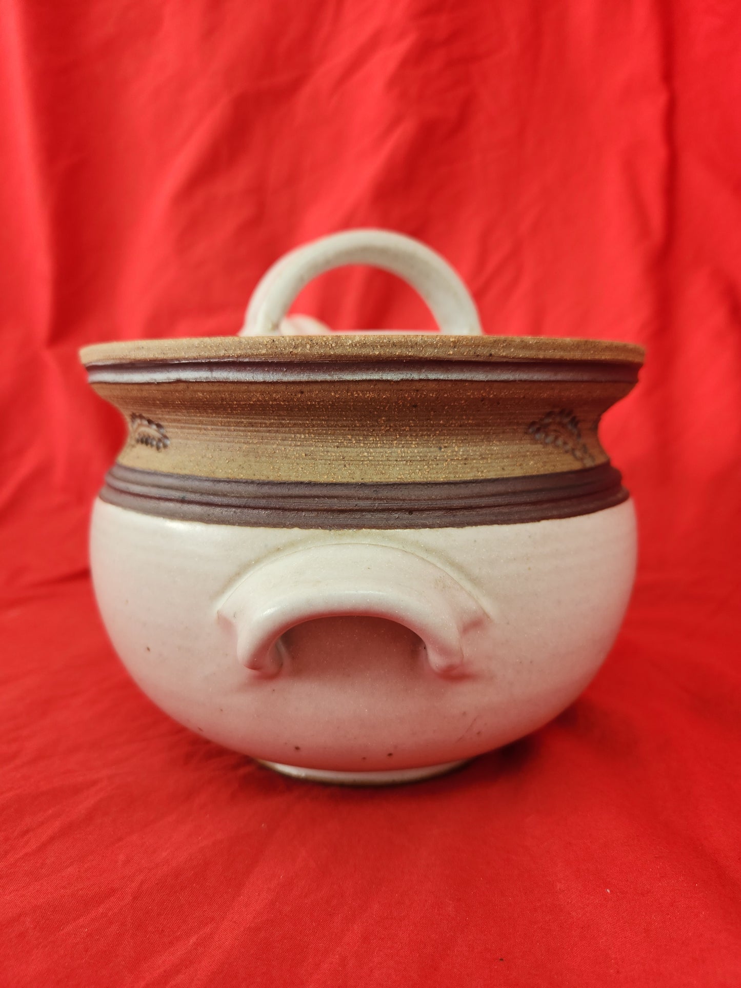 Amazing - Studio Art Pottery White and Brown Stoneware Pot w/Lid & Ladle - signed by Artist