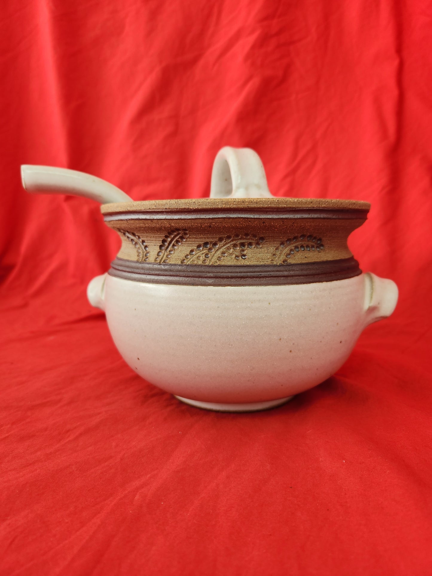 Amazing - Studio Art Pottery White and Brown Stoneware Pot w/Lid & Ladle - signed by Artist