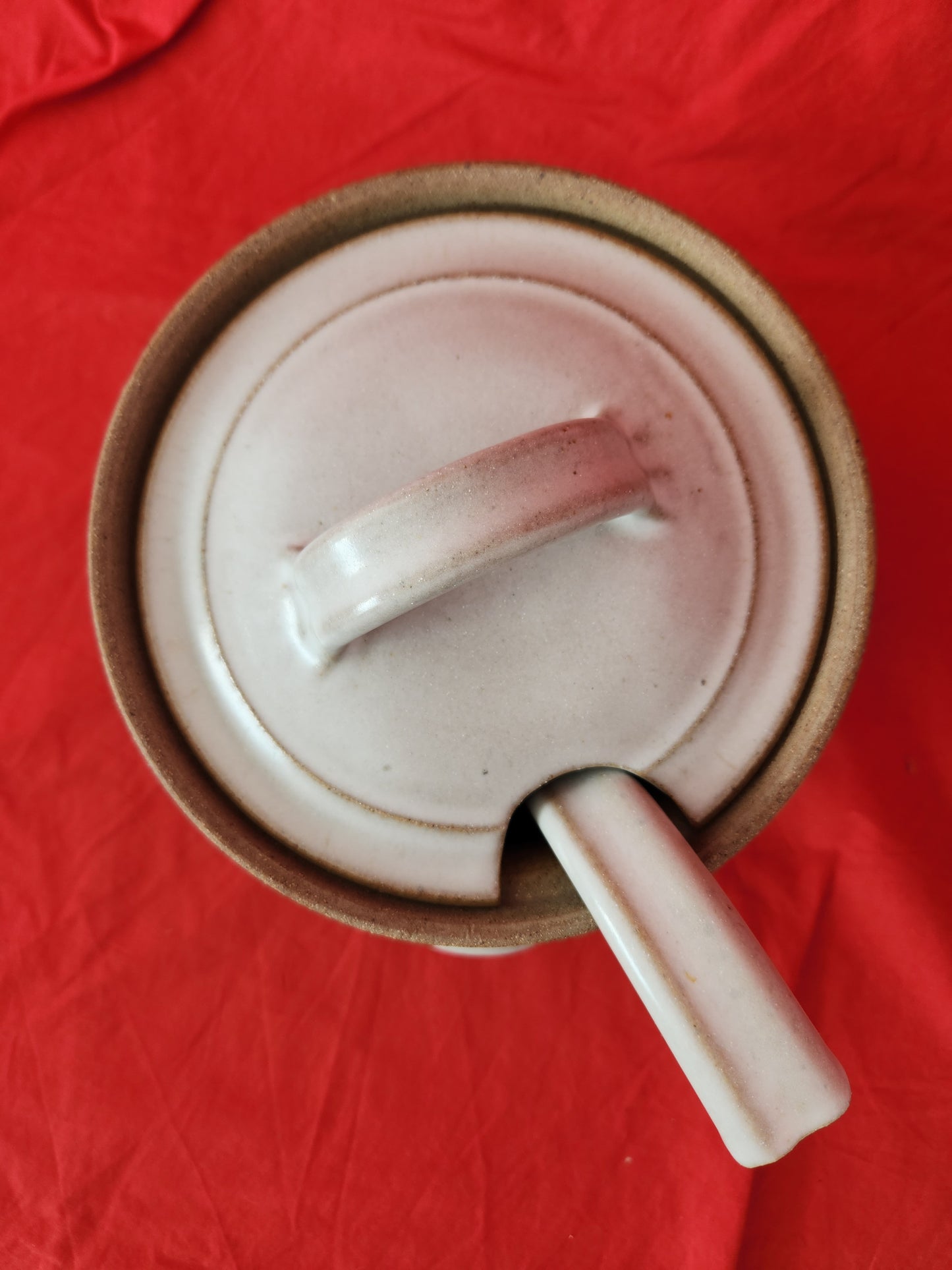 Amazing - Studio Art Pottery White and Brown Stoneware Pot w/Lid & Ladle - signed by Artist