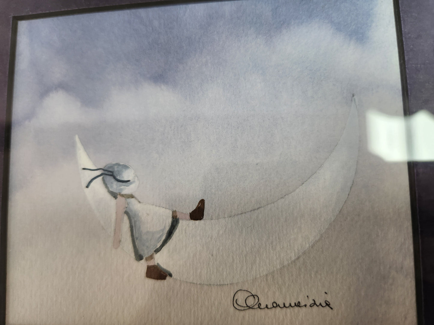 Rare - Framed 3.5" x 4" Original Watercolor "Girl Sleeping on the Moon" by Maurizia Campanati