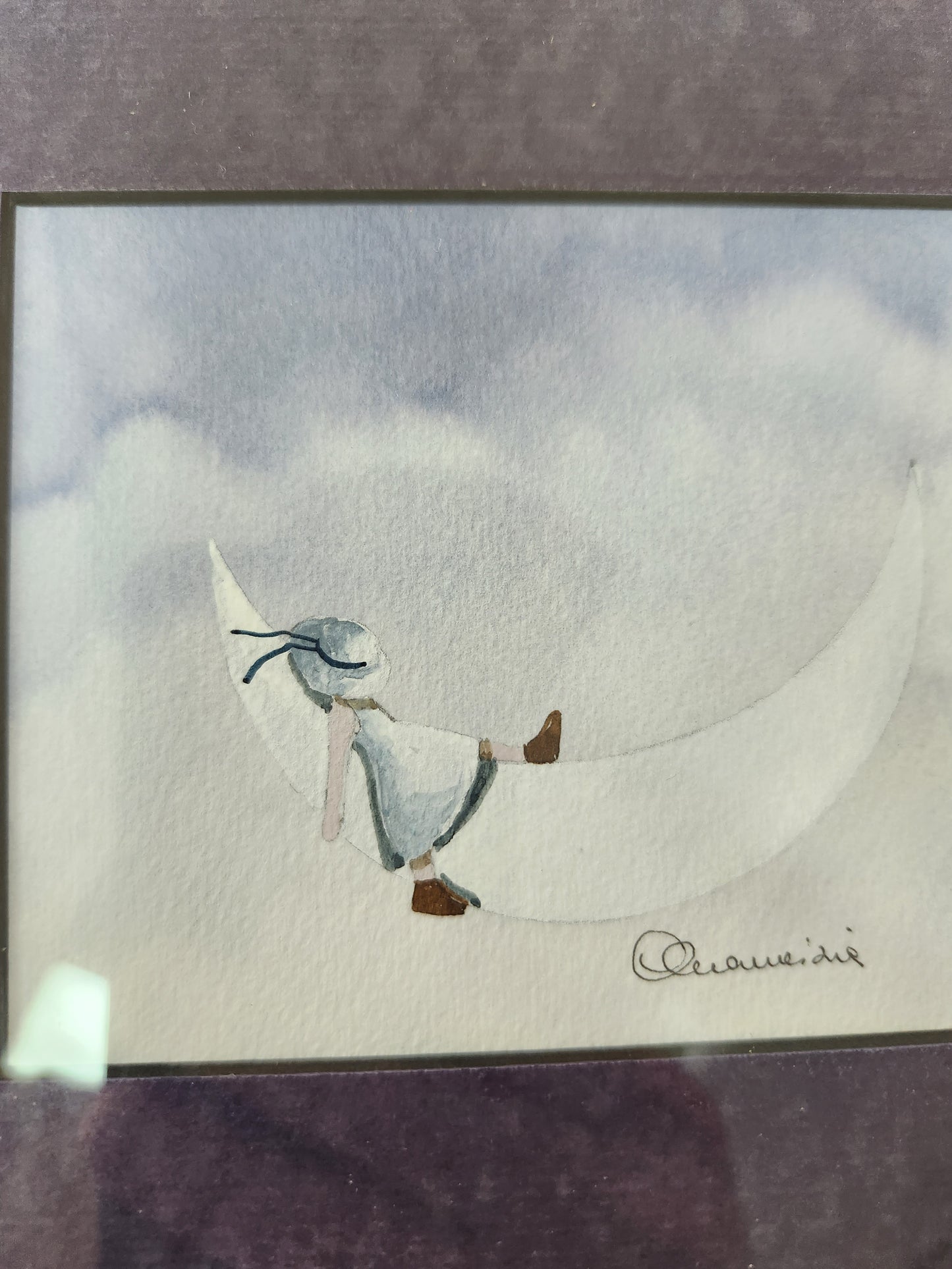 Rare - Framed 3.5" x 4" Original Watercolor "Girl Sleeping on the Moon" by Maurizia Campanati