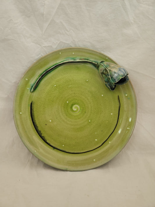 Arona ~ Wheel Thrown Pottery Green Glazed Wall Plate with Tulip Flower