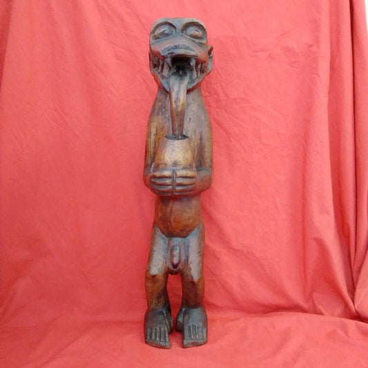 Vintage - 24" Wood Carving from Ghana of a Monkey Drinking from a Coconut