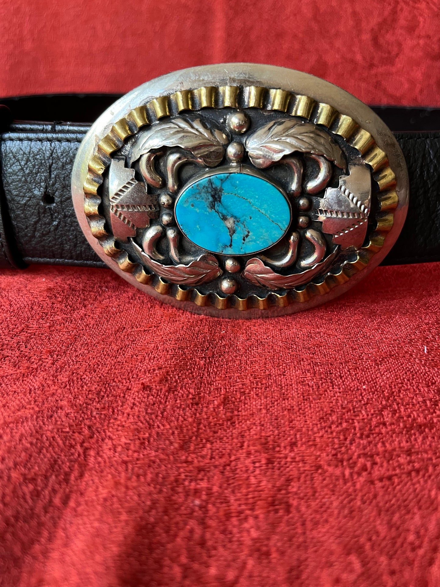 Vintage Alpaca Silver and Turquoise Buckled Leather Belt