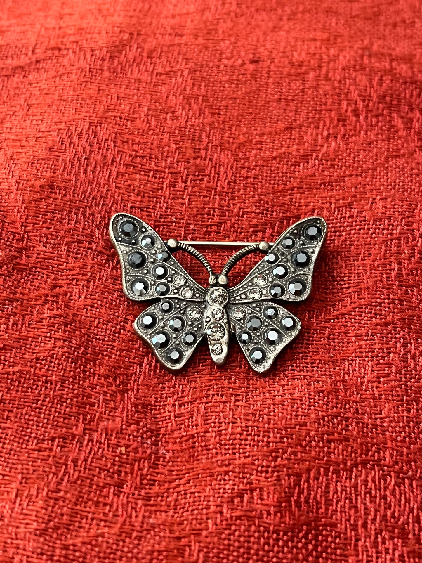 Catherine Popesco Butterfly Brooch with Clear and Black Iridescent Rhinestones