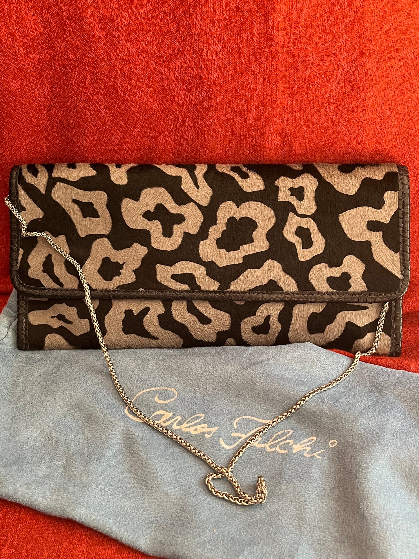 Vintage Carlos Falchi Animal Print Pony Hair with Chain Envelope Style Handbag