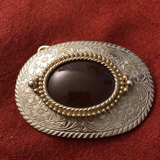 Silver and Gold Tone Oval Dogwood Motif Belt Buckle