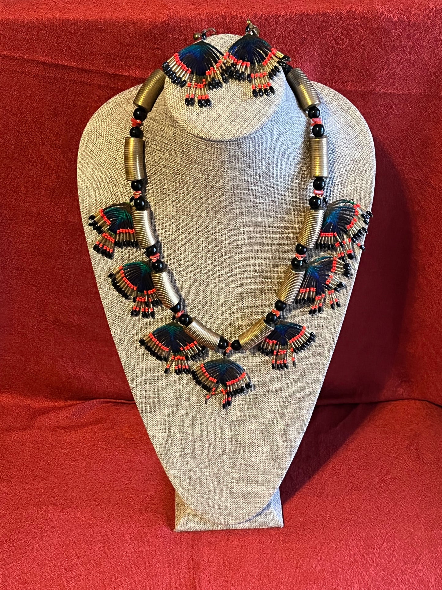 Feather Statement Necklace and Matching Clip On Earrings