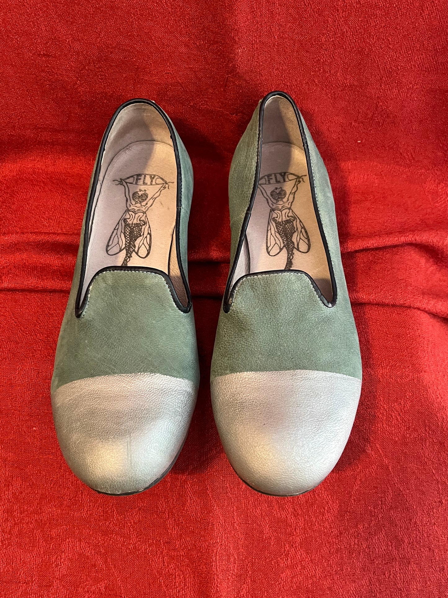 Fly London Sage Green Suede and Leather Slip On Flats