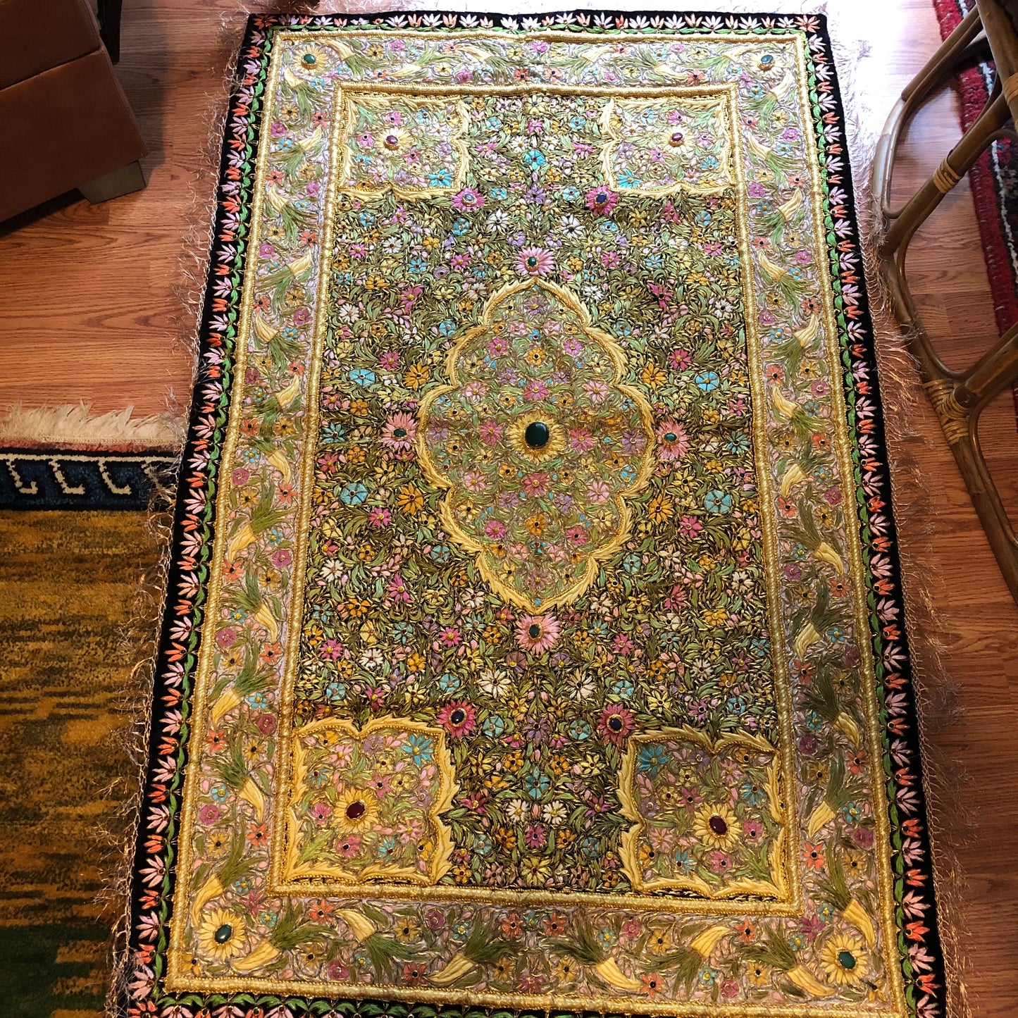 Large Handcrafted Zardozi Royal Tapestry with Semi-Precious Stones