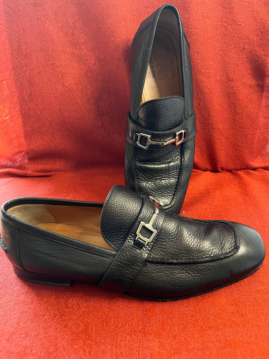 Black Pebble Grain Leather Gucci Horse Bit Loafer-247490 Size 8