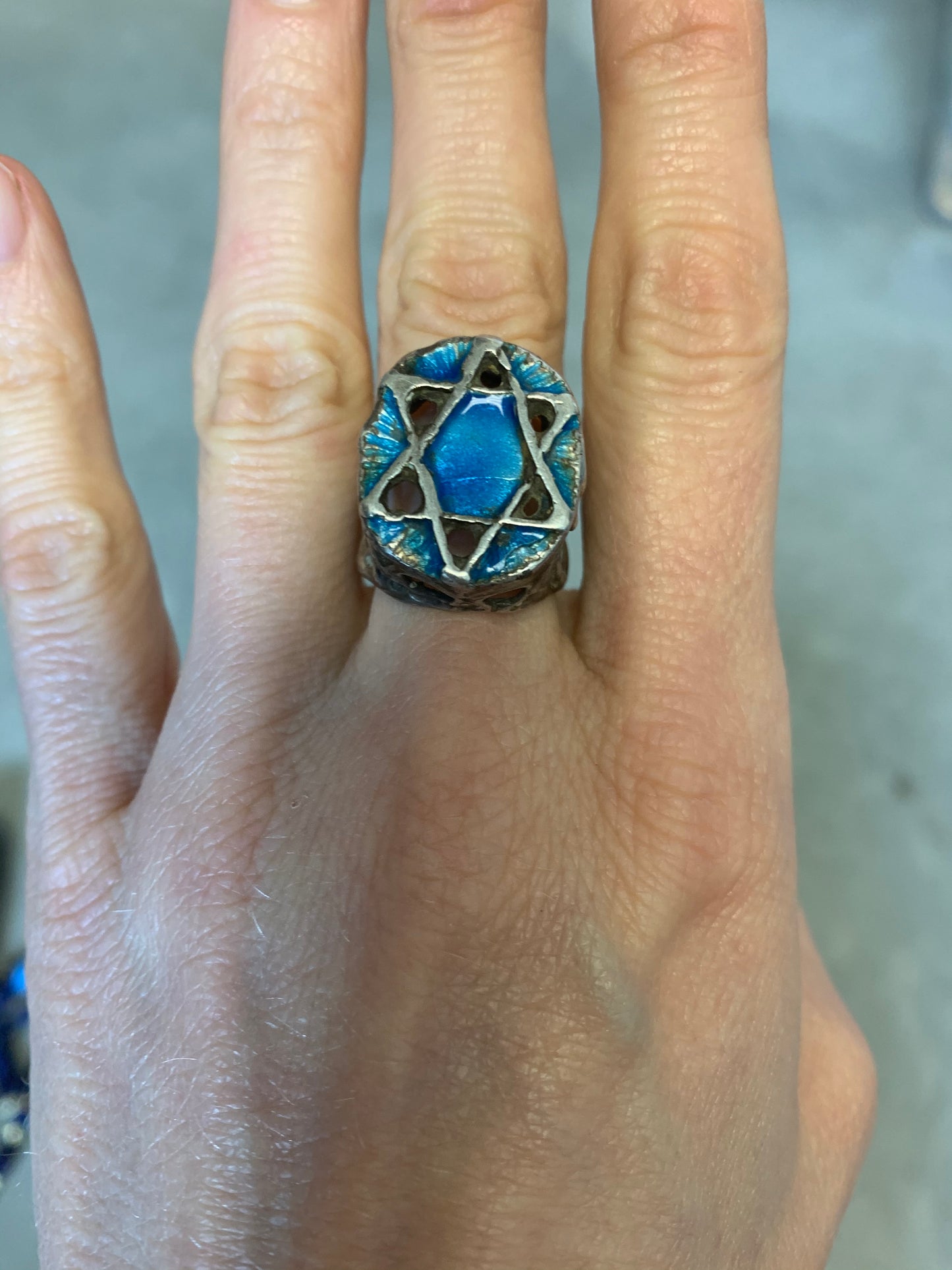 Handcrafted Sterling and Enamel Star of David Statement Ring-Size 7