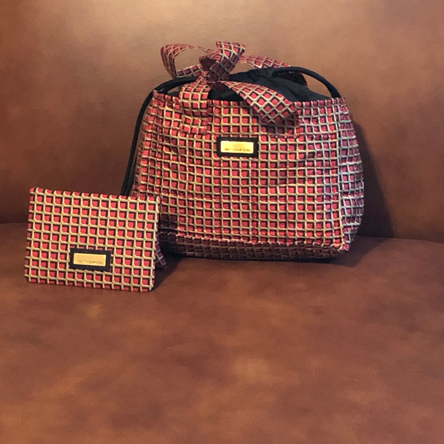 Jim Thompson Small Drawstring Tote in Red, Tan, and Black Square Pattern