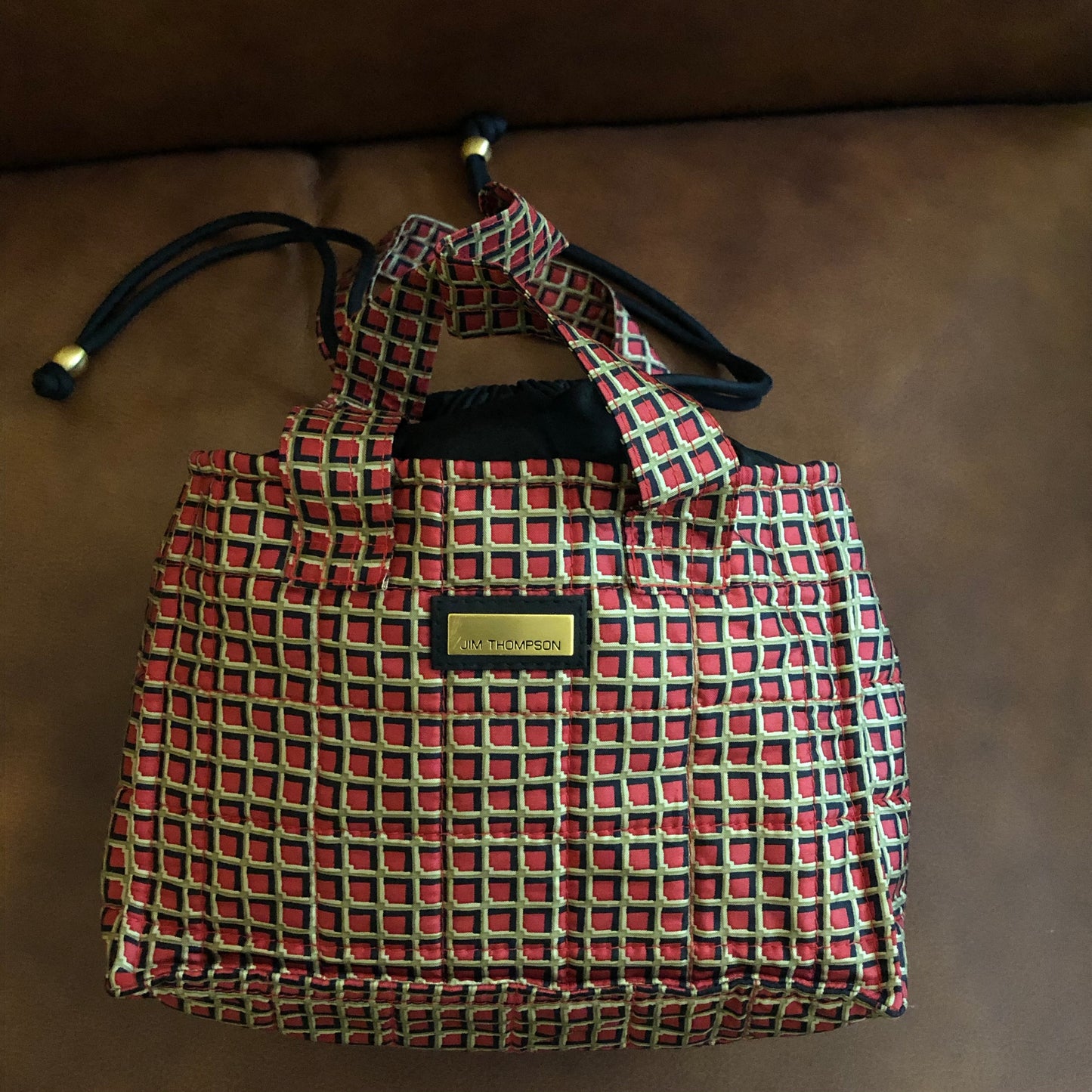 Jim Thompson Small Drawstring Tote in Red, Tan, and Black Square Pattern