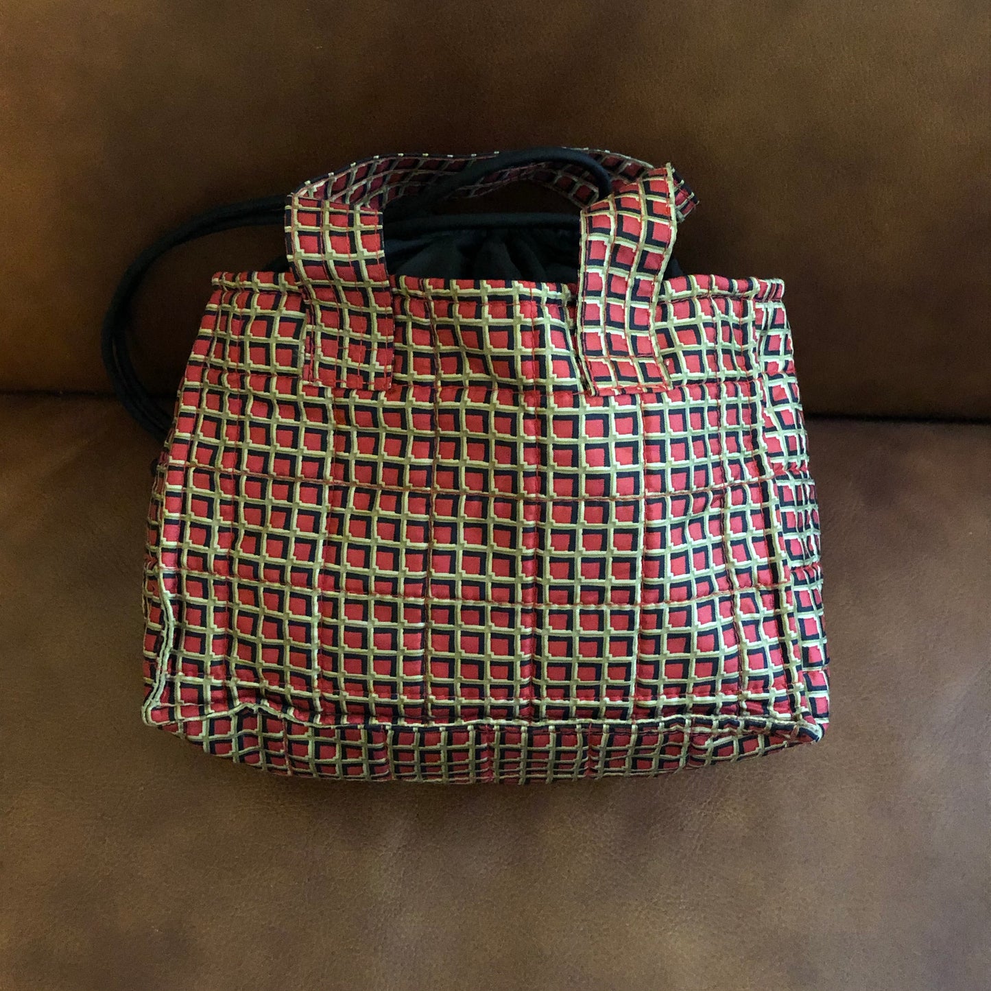 Jim Thompson Small Drawstring Tote in Red, Tan, and Black Square Pattern