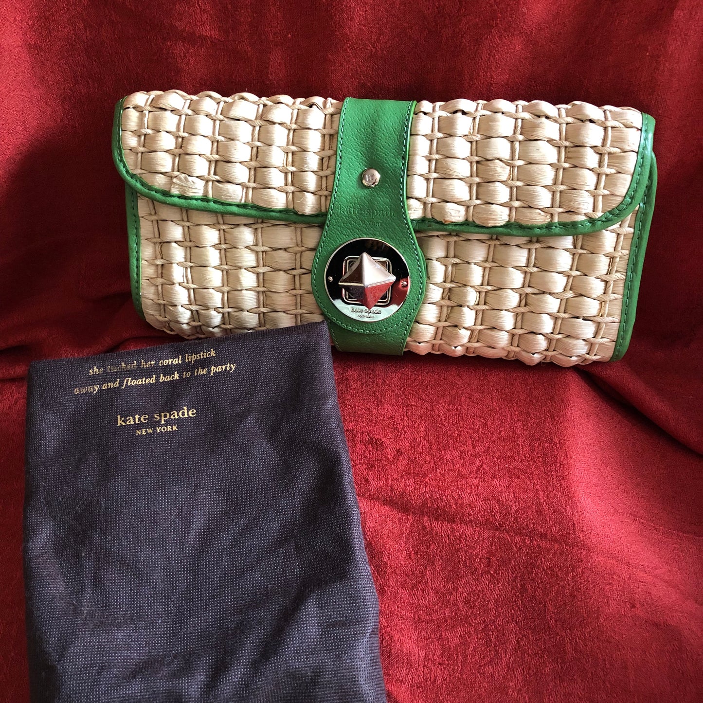 Kate Spade New York Leather Trimmed Straw Clutch w Storage Bag