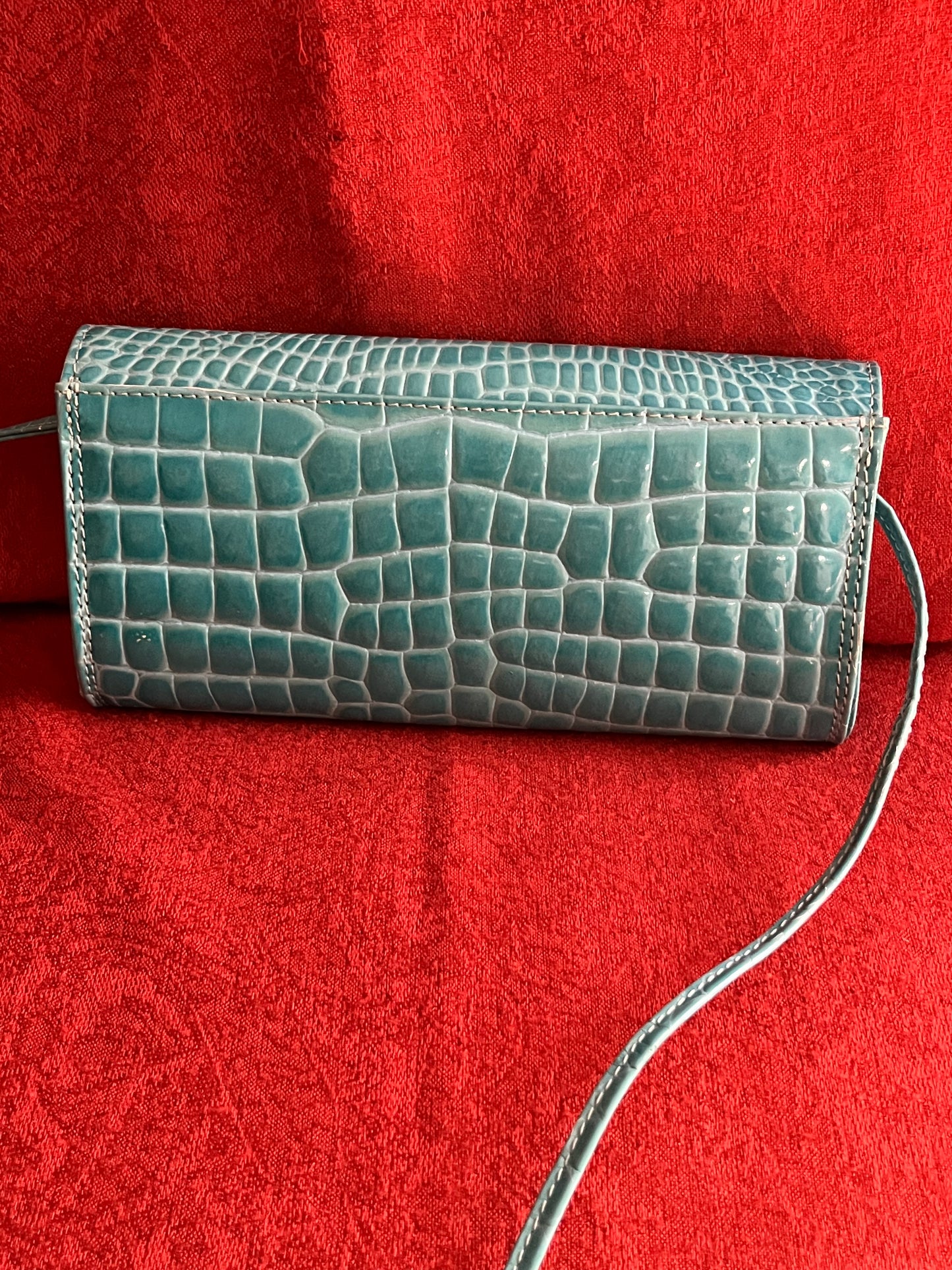 Vintage Embossed Turquoise Patent Leather Clutch with Long Strap