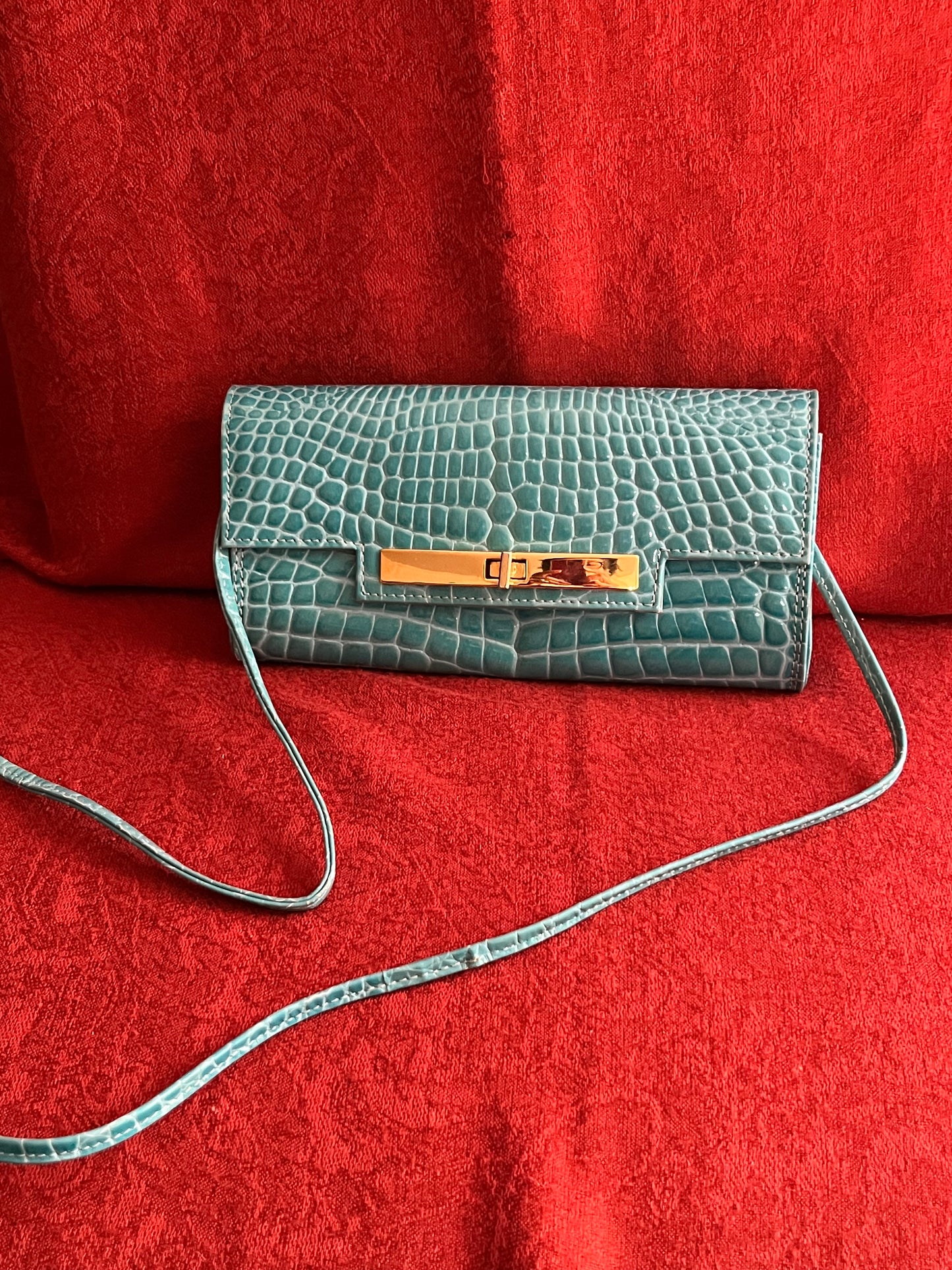Vintage Embossed Turquoise Patent Leather Clutch with Long Strap