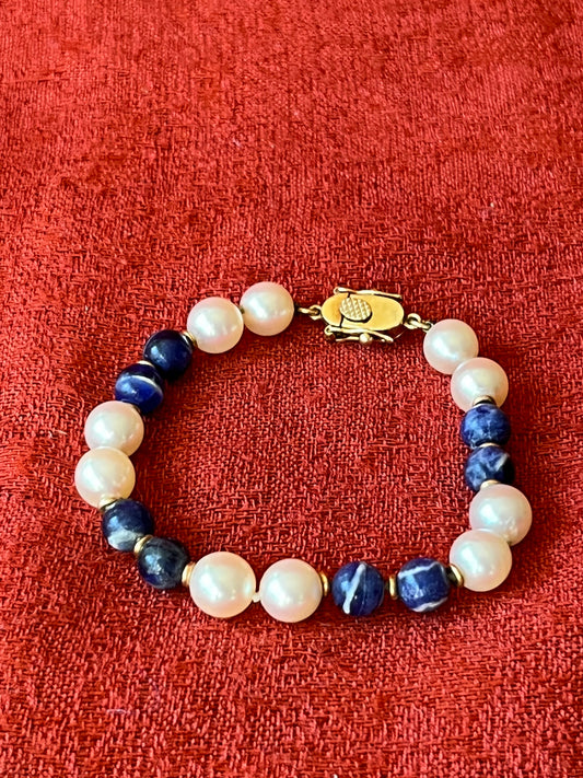 Genuine Pearl and Lapis Bracelet with 14K Yellow Gold Accents