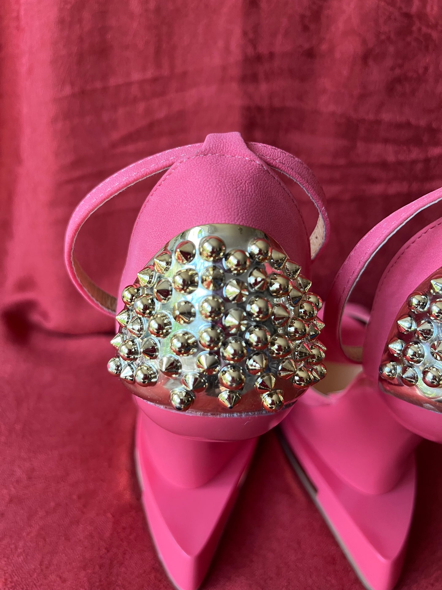 Pink Vinyl Statement High Heels with Gold Tone Spike Accents-Size 9