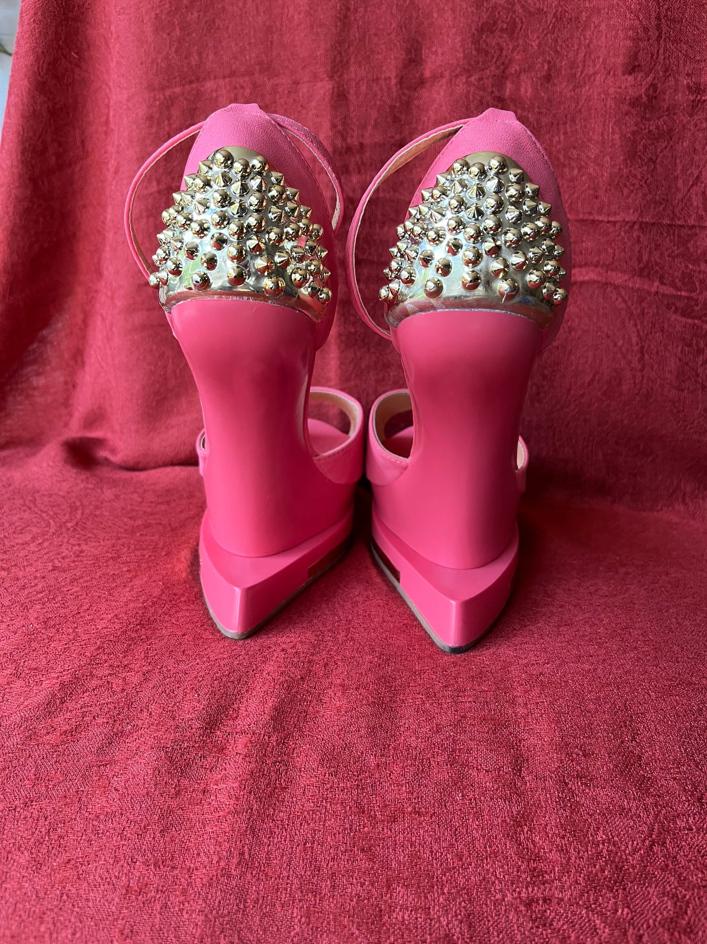 Pink Vinyl Statement High Heels with Gold Tone Spike Accents-Size 9
