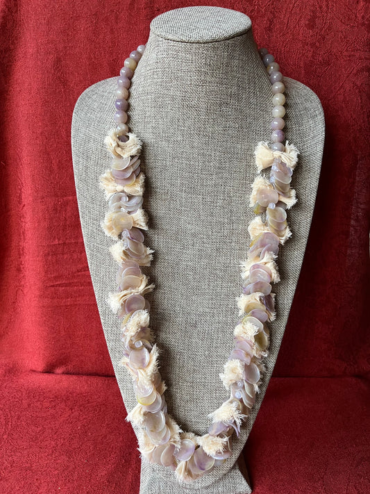 Pono Lavender, Rose, and Cream Colored Ribbon and Shell Shaped Long Necklace